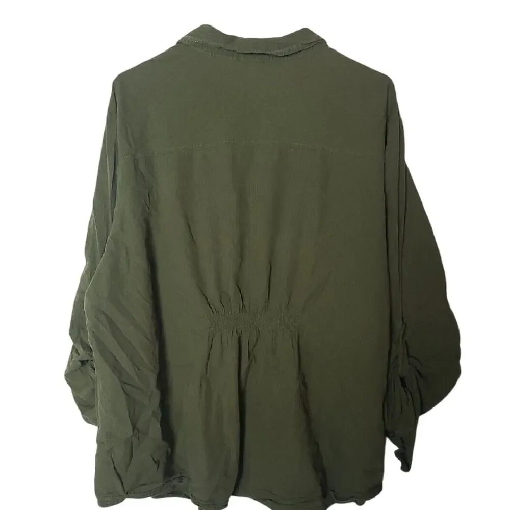 Torrid Olive Green Pintuck 1/2 Button Collared Roll‎ Tab Sleeve Top Womans Sz 5x